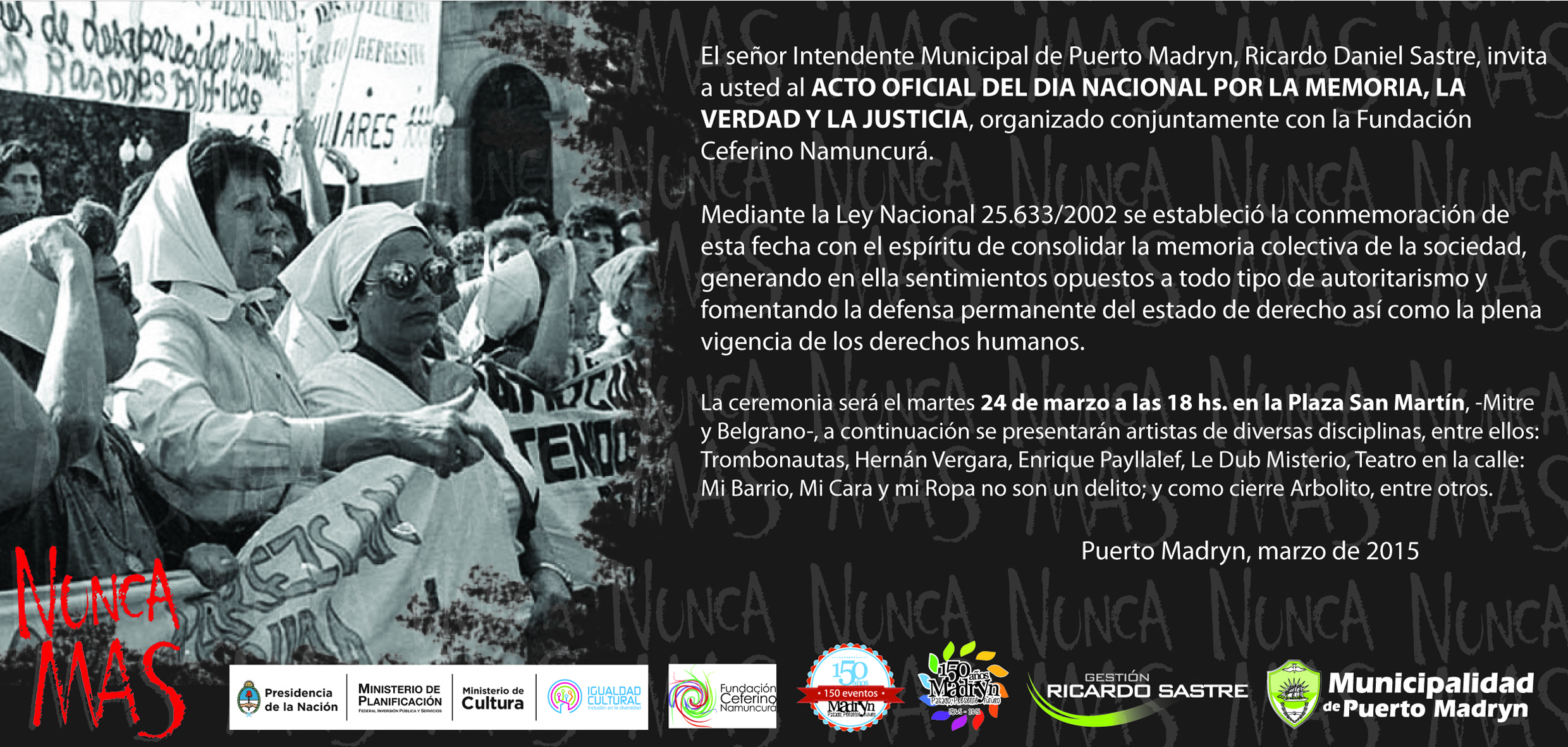 INVITAN AL ACTO POR EL DÍA NACIONAL DE LA MEMORIA