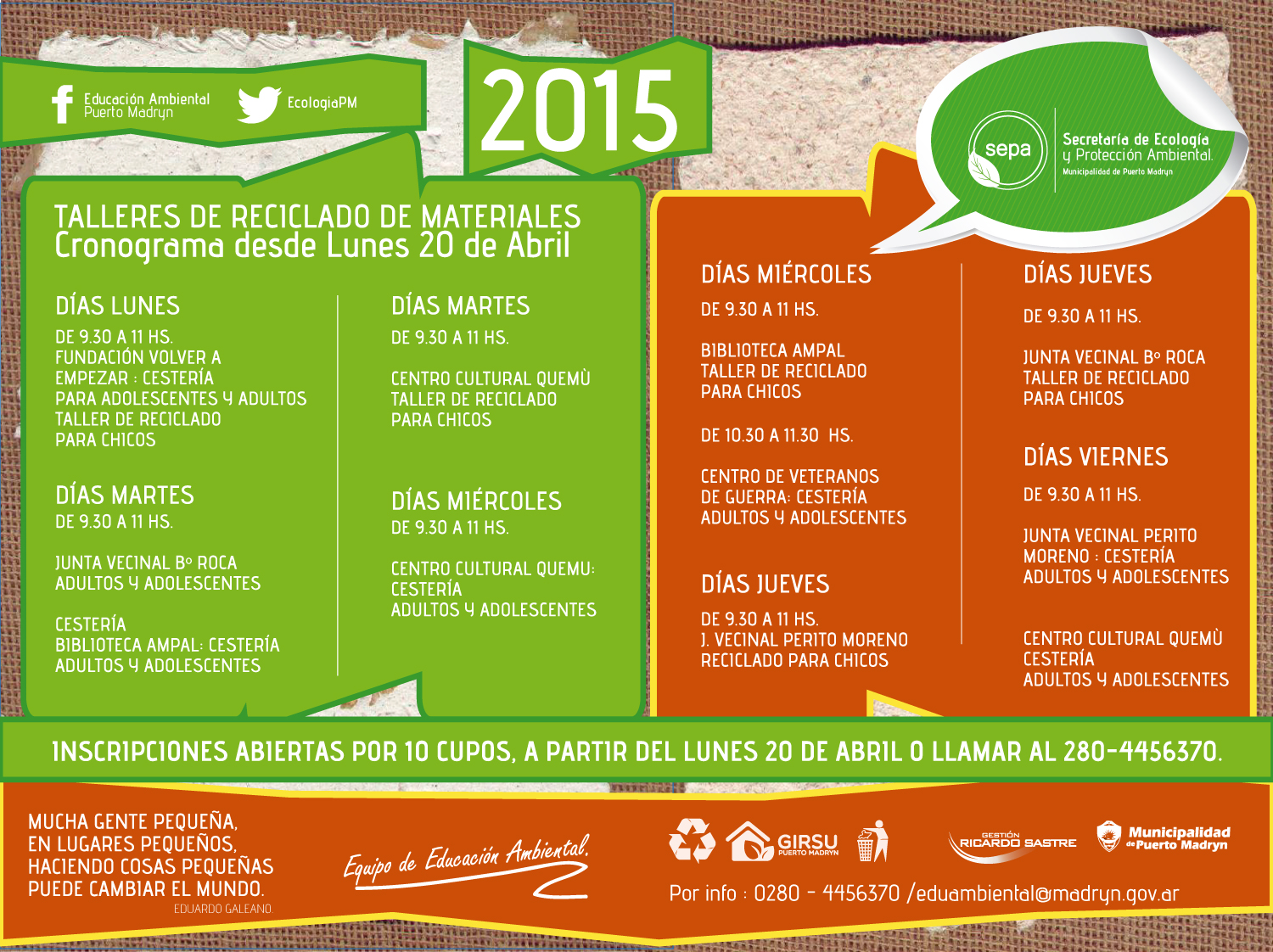 EL LUNES INICIAN LOS TALLERES DE RECICLADO DE MATERIALES