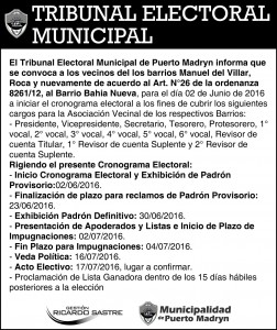 CONVOCAN A ELECCIONES EN LOS BARRIOS MANUEL DEL VILLAR, ROCA Y BAHÍA NUEVA