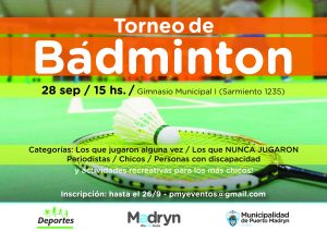 INVITAN A TORNEO DE BÁDMINTON EL SÁBADO 28 DE SEPTIEMBRE