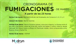 CONTINÚA EL CRONOGRAMA DE FUMIGACIONES EN DISTINTOS SECTORES DE PUERTO MADRYN