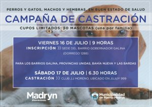 CAMPAÑA GRATUITA DE CASTRACIÓN PARA MASCOTAS DE LOS BARRIOS GALINA, PROVINCIAS UNIDAS, BAHÍA NUEVA Y LAS BARDAS