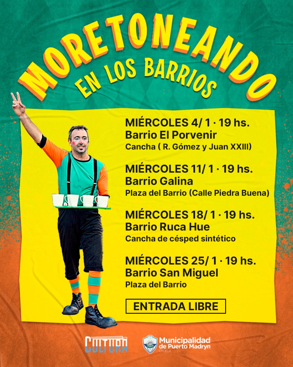 EL PAYASO MORETÓN RECORRERÁ LOS BARRIOS MADRYNENSES CON SU ESPECTÁCULO