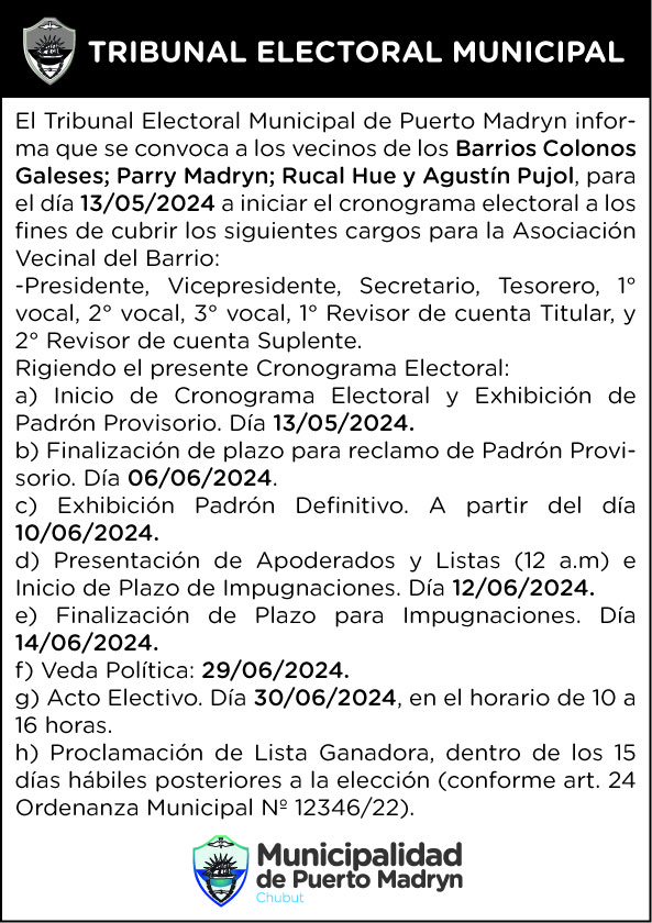 CONVOCATORIA ELECCIONES EN LOS BARRIOS COLONOS GALESES, PARRY MADRYN, RUCAL HUE Y AGUSTÍN PUJOL