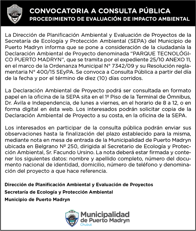 CONVOCATORIA A CONSULTA PÚBLICA: PROYECTO “PARQUE TECNOLÓGICO PUERTO MADRYN”