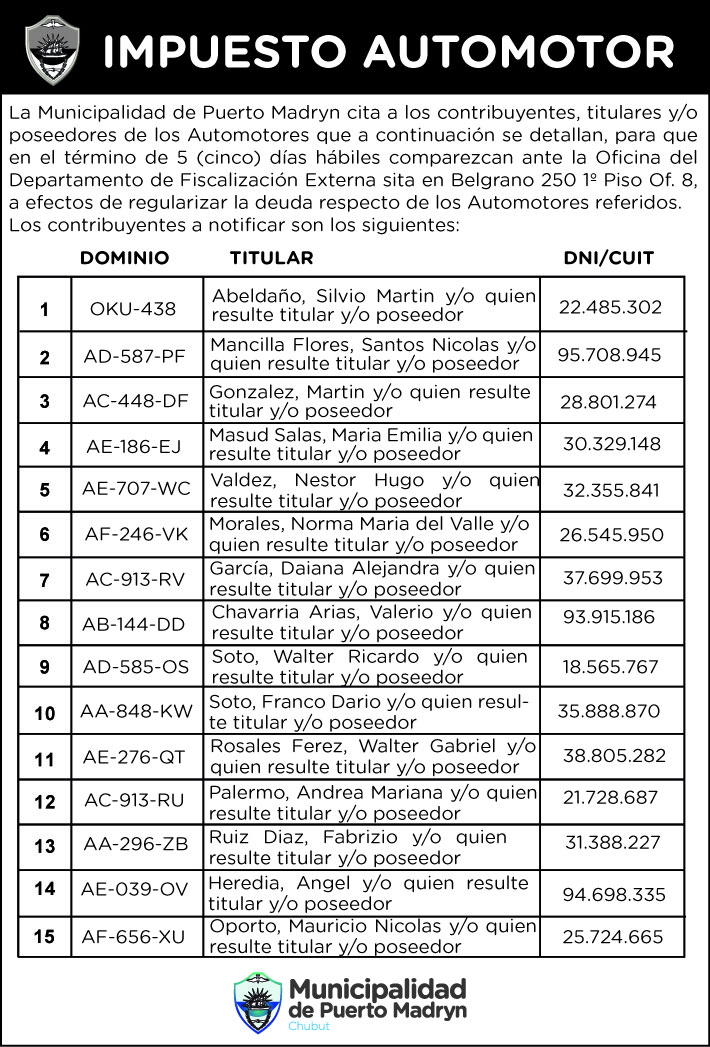 IMPUESTO AUTOMOTOR: CITACIÓN A CONTRIBUYENTES