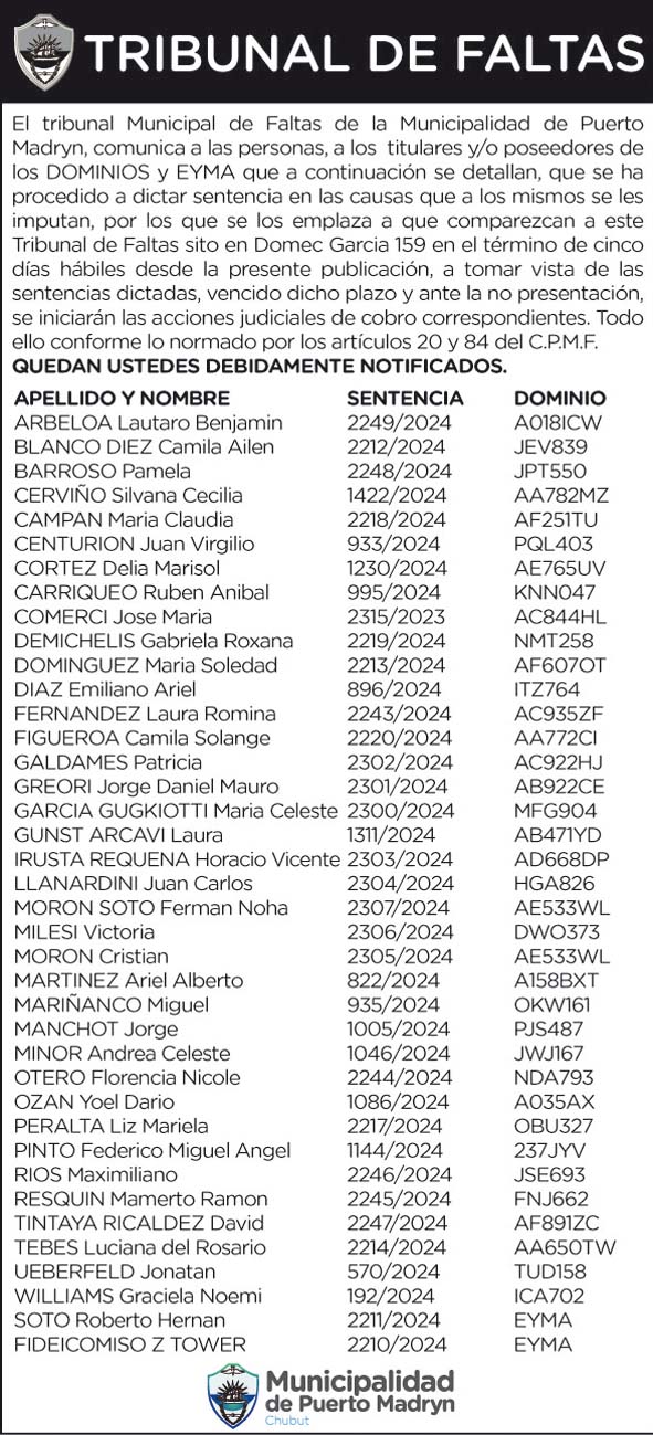 TRIBUNAL DE FALTAS: NOTIFICACIÓN