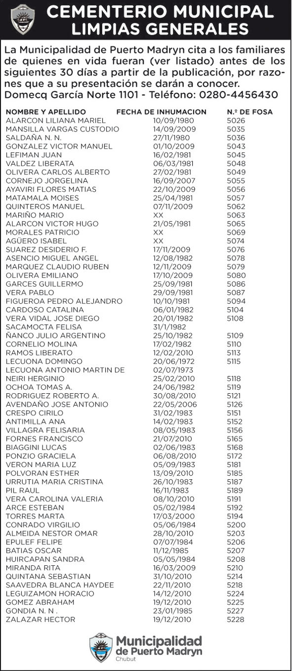 CEMENTERIO MUNICIPAL: CITA A FAMILIARES