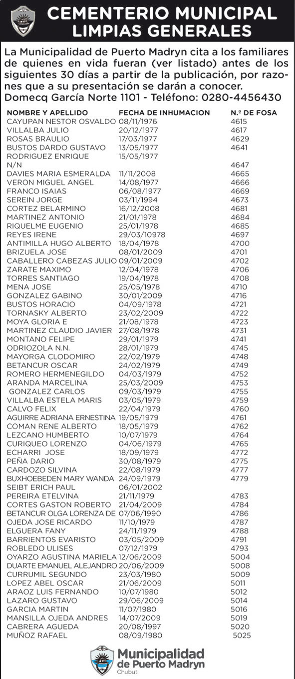 CEMENTERIO MUNICIPAL: CITA A FAMILIARES