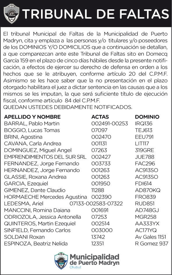 TRIBUNAL DE FALTAS: NOTIFICACIÓN