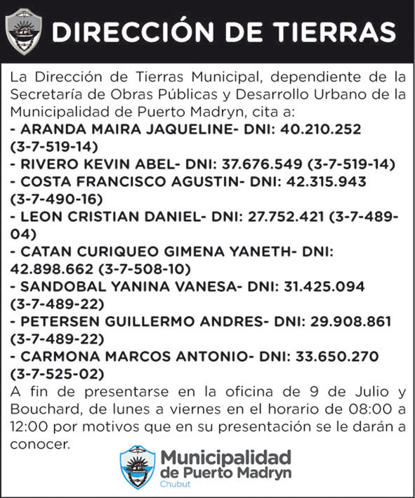 CITACIÓN DE LA DIRECCIÓN DE TIERRAS