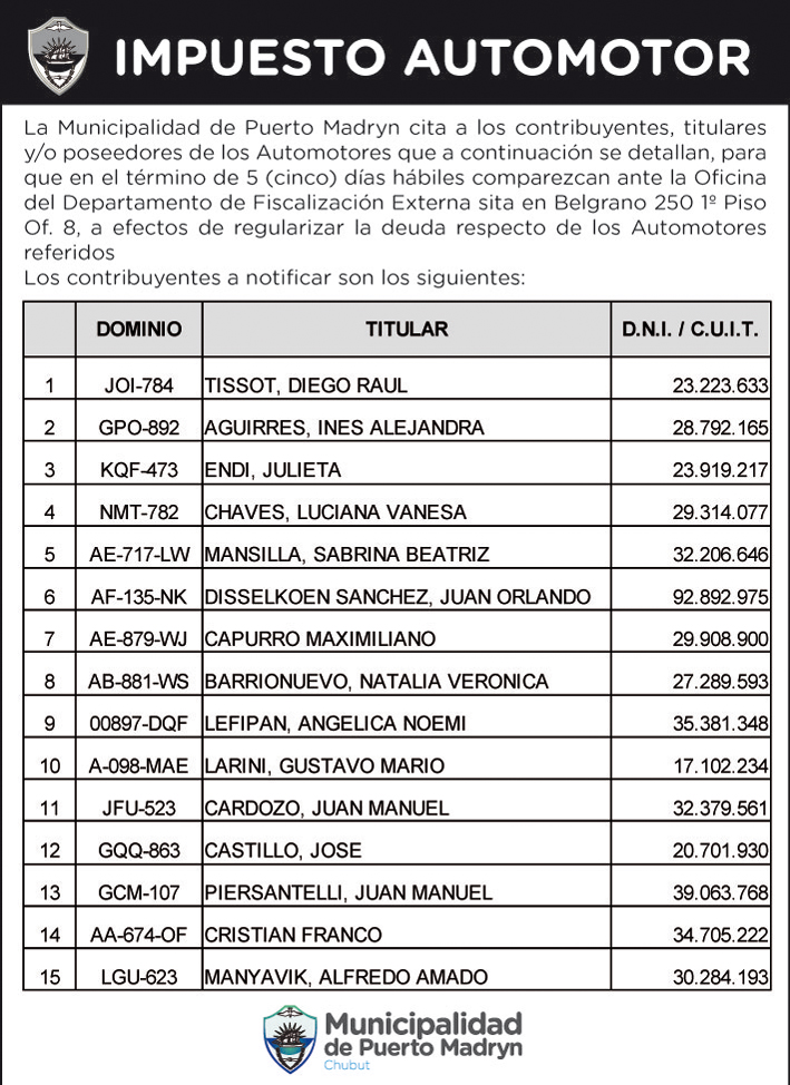 IMPUESTO AUTOMOTOR: CITACIÓN A CONTRIBUYENTES