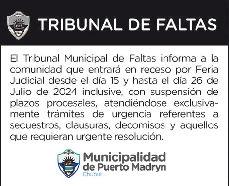 RECESO INVERNAL DEL TRIBUNAL DE FALTAS