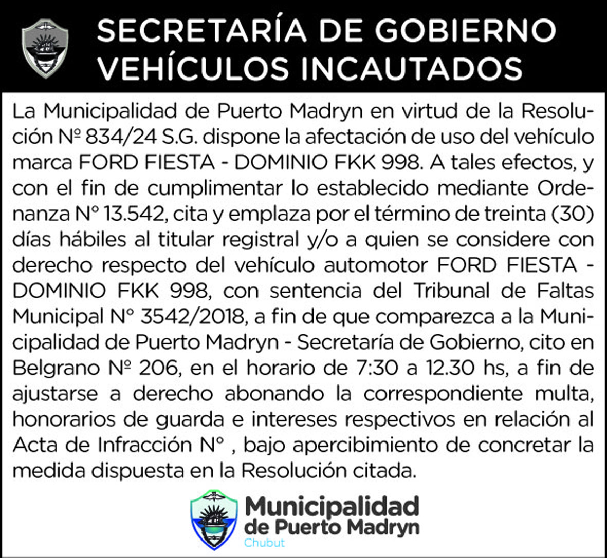SECRETARÍA DE GOBIERNO – VEHÍCULOS INCAUTADOS