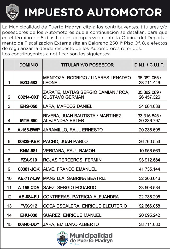 IMPUESTO AUTOMOTOR: CITACIÓN A CONTRIBUYENTES