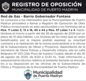 LLAMADO A REGISTRO DE OPOSICIÓN PARA OBRA DE RED DE GAS EN EL BARRIO FONTANA