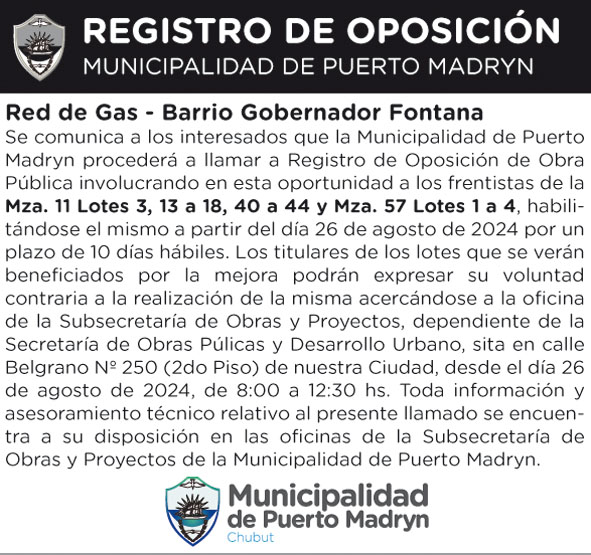 LLAMADO A REGISTRO DE OPOSICIÓN PARA OBRA DE RED DE GAS EN EL BARRIO FONTANA