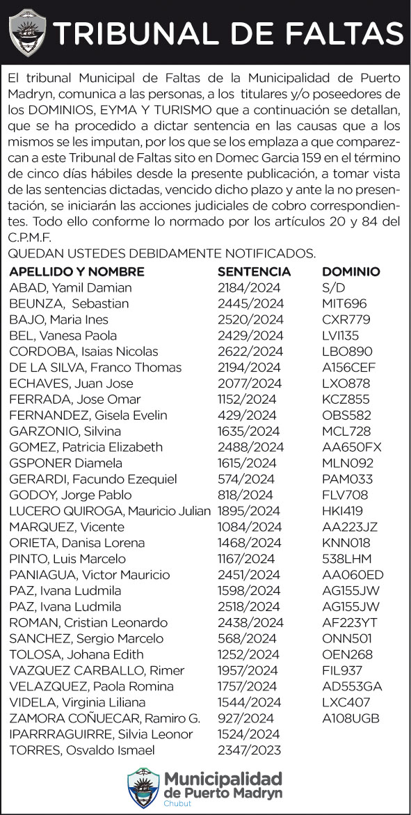 TRIBUNAL DE FALTAS: NOTIFICACIÓN