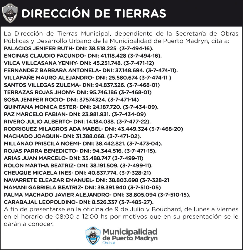 CITACIÓN DE LA DIRECCIÓN DE TIERRAS