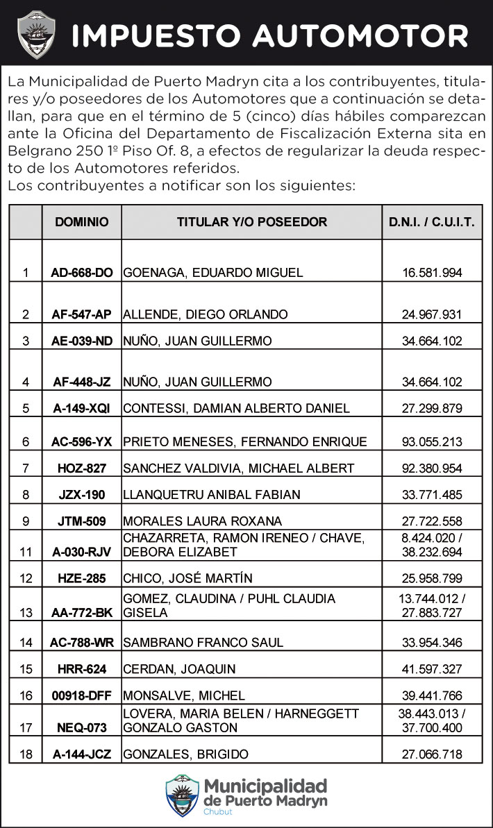IMPUESTO AUTOMOTOR: CITACIÓN A CONTRIBUYENTES