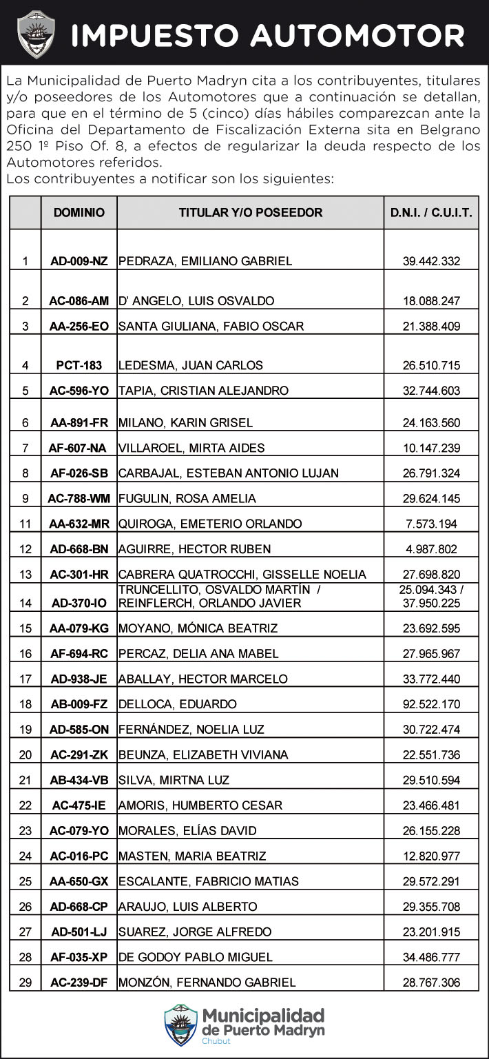 IMPUESTO AUTOMOTOR: CITACIÓN A CONTRIBUYENTES