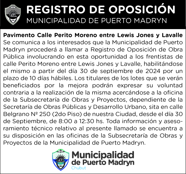 REGISTRO DE OPOSICIÓN – Pavimento Perito Moreno entre Lewis Jones y Lavalle