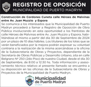 REGISTRO DE OPOSICIÓN – Cordones cuneta Héroes de Malvinas entre Juan Muzzio  y Espora