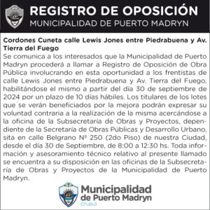 REGISTRO DE OPOSICIÓN – Cordones cuneta Lewis Jones entre Piedrabuena y Av. Tierra del Fuego