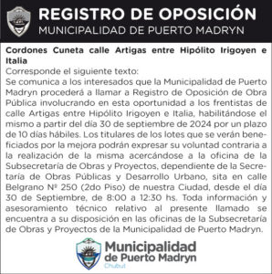 REGISTRO DE OPOSICIÓN – Cordones cuneta Artigas entre Hipólito Irigoyen e Italia