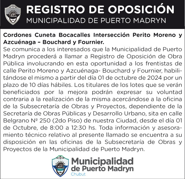 REGISTRO DE OPOSICIÓN – Cordones cuneta bocacalles intersección Perito Moreno y Azcuénaga – Bouchard y Fournier