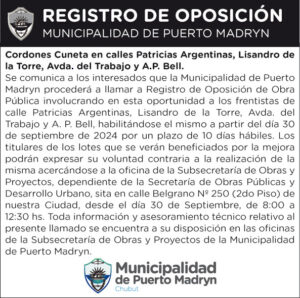 REGISTRO DE OPOSICIÓN – Cordones cuneta Patricias Argentinas, Lisandro de la Torre, Avda. del Trabajo y A.P. Bell