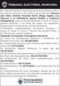 CONVOCATORIA A ELECCIONES EN LOS BARRIOS MANUEL DEL VILLAR, DISTRITO FORESTAL NORTE, NUEVA CHUBUT Y TROPEROS PATAGÓNICOS