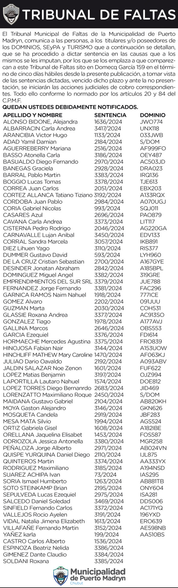 TRIBUNAL DE FALTAS: NOTIFICACIÓN