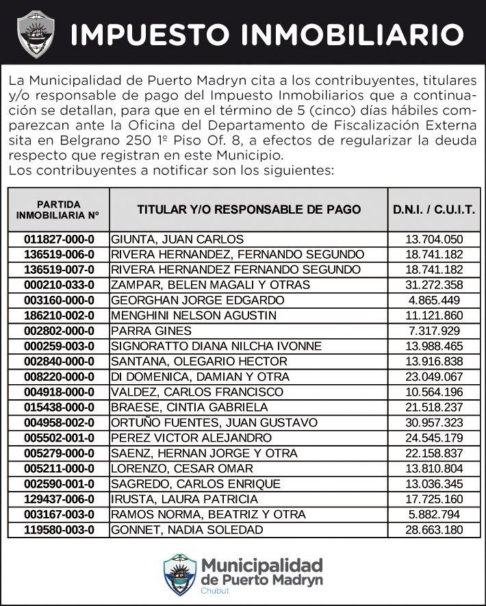 IMPUESTO INMOBILIARIO: CITACIÓN A CONTRIBUYENTES