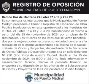 REGISTRO DE OPOSICIÓN – Red de Gas de Manzana 24 Lotes 17 a 19 y 21 a 28