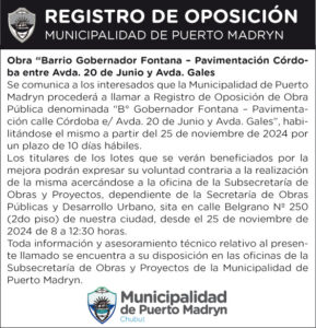 REGISTRO DE OPOSICIÓN – Obra “Barrio Gobernador Fontana – Pavimentación Córdoba entre Avda. 20 de Junio y Avda. Gales