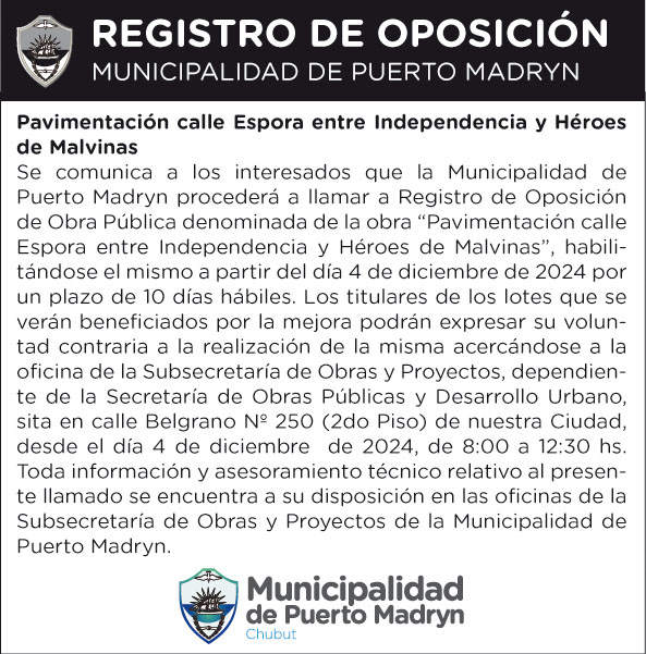 REGISTRO DE OPOSICIÓN – PAVIMENTACIÓN CALLE ESPORA ENTRE  INDEPENDENCIA Y HÉROES DE MALVINAS