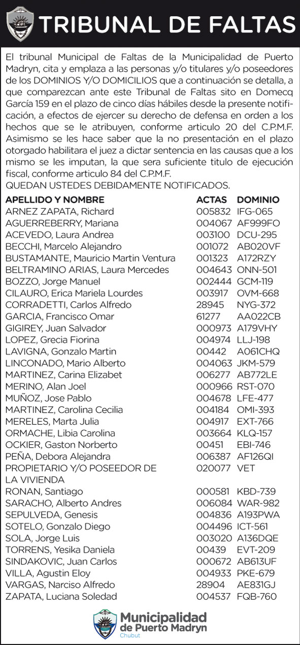 TRIBUNAL DE FALTAS – CITACIÓN