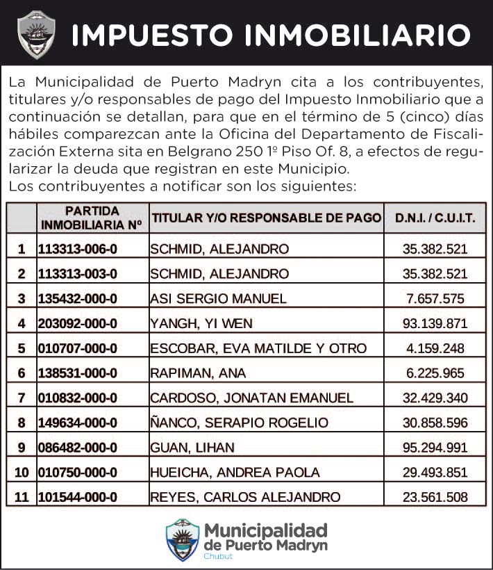 IMPUESTO INMOBILIARIO: CITAN A CONTRIBUYENTES