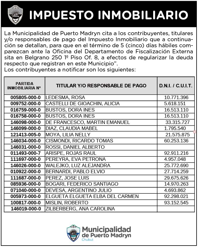 IMPUESTO INMOBILIARIO – CITACIÓN A CONTRIBUYENTES