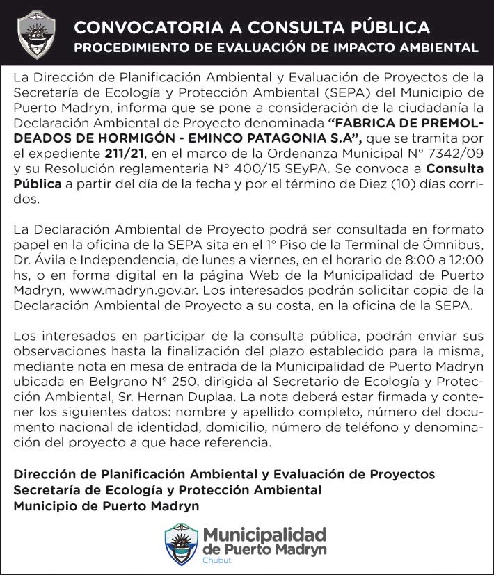 CONVOCATORIA  A CONSULTA PÚBLICA: DAP – EMNICO PATAGONIA S.A.- FÁBRICA DE PREMOLDEADOS DE HORMIGÓN
