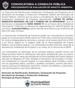 CONVOCATORIA A CONSULTA PÚBLICA PROCEDIMIENTO DE EVALUACIÓN DE IMPACTO AMBIENTAL ORDENANZA MUNICIPAL N° 7342/09