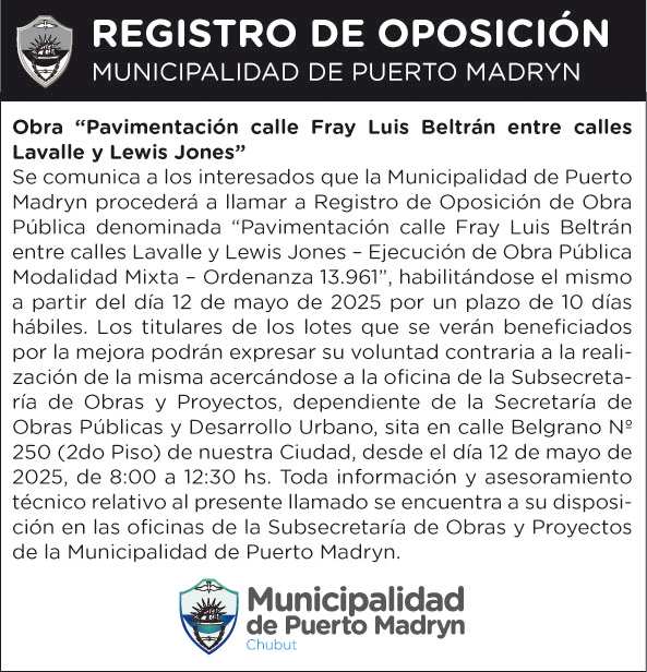 REGISTRO DE OPOSICIÓN – PAVIMENTACIÓN CALLE FRAY LUIS BELTRÁN ENTRE CALLES LAVALLE Y LEWIS JONES