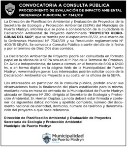 CONVOCATORIA A CONSULTA PÚBLICA PROCEDIMIENTO DE EVALUACIÓN DE IMPACTO AMBIENTAL ORDENANZA MUNICIPAL N° 7342/09