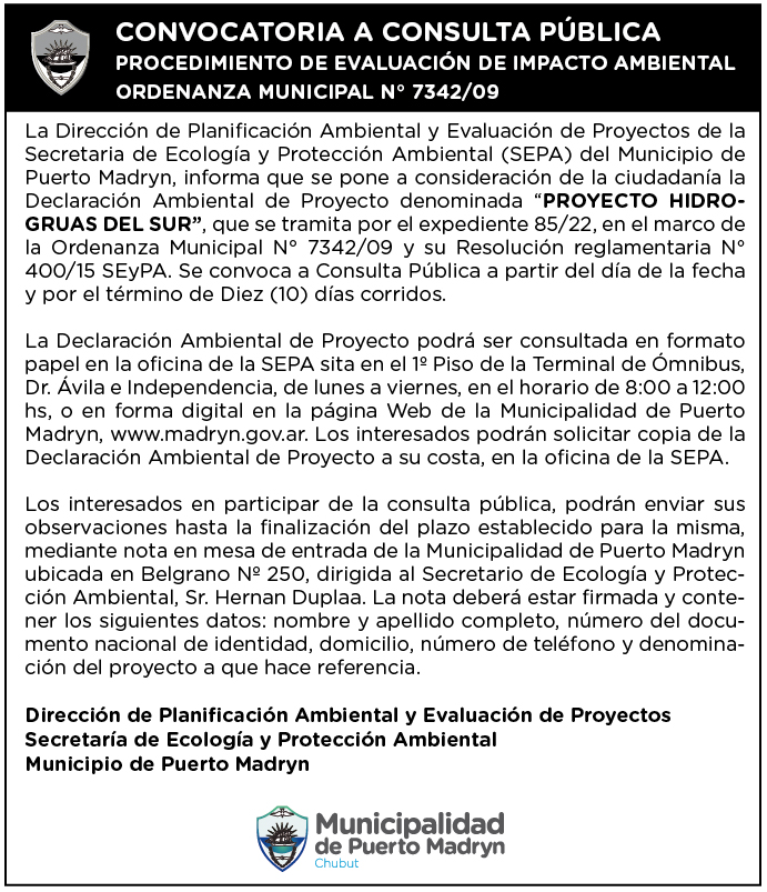 CONVOCATORIA A CONSULTA PÚBLICA PROCEDIMIENTO DE EVALUACIÓN DE IMPACTO AMBIENTAL ORDENANZA MUNICIPAL N° 7342/09