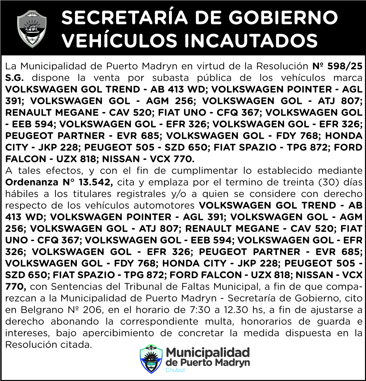 SECRETARÍA DE GOBIERNO – VEHÍCULOS INCAUTADOS