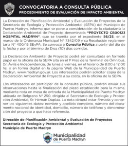 CONVOCATORIA A CONSULTA PÚBLICA PROCEDIMIENTO DE EVALUACIÓN DE IMPACTO AMBIENTAL – HOSPITAL MADRYN