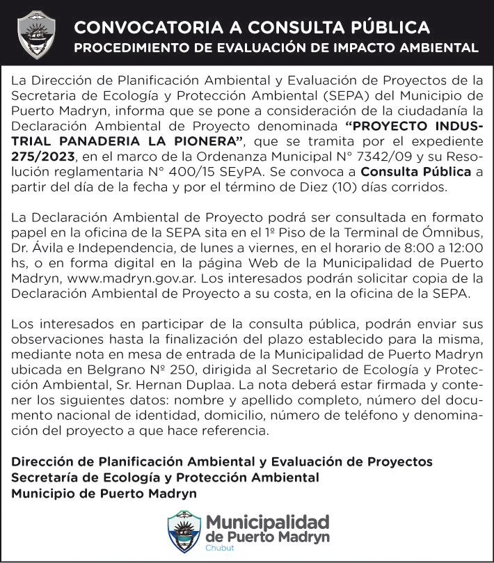 CONVOCATORIA A CONSULTA PÚBLICA PROCEDIMIENTO DE EVALUACIÓN DE IMPACTO AMBIENTAL – PANADERÍA LA PIONERA