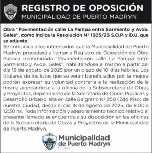 REGISTRO DE OPOSICIÓN – PAVIMENTACIÓN CALLE LA PAMPA ENTRE CALLES SARMIENTO Y AV. GALES