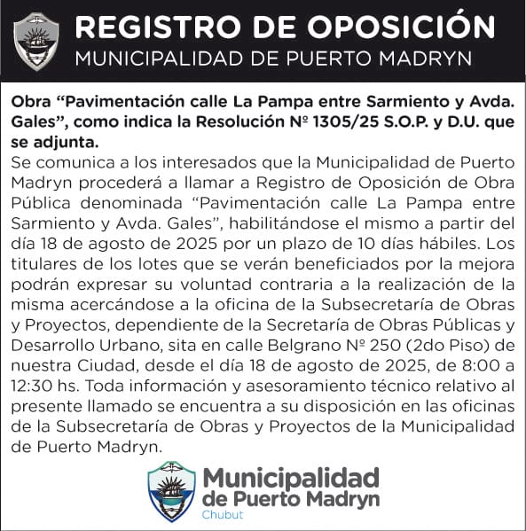 REGISTRO DE OPOSICIÓN – PAVIMENTACIÓN CALLE LA PAMPA ENTRE CALLES SARMIENTO Y AV. GALES